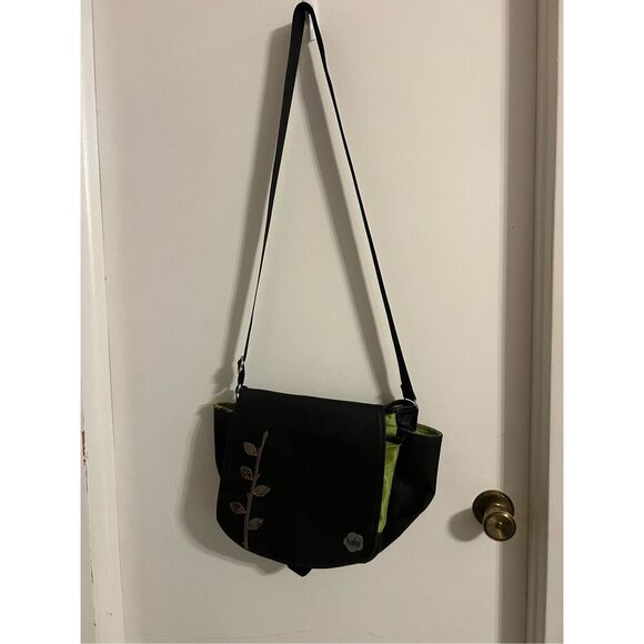 Haiku Black/Green Floral Roomy Adjustable Crossbody Eco Chic Large Purse - Picture 1 of 8